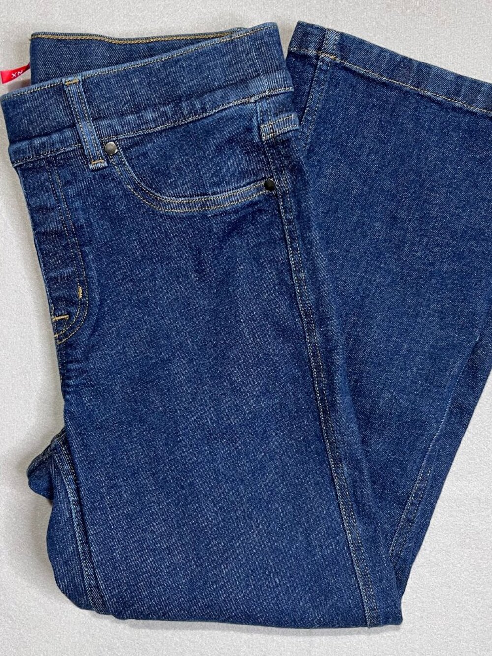 Spanx Jeans On-the-Go Kick Flare Pull On Petite Size L Raw Indigo Style 20699Q